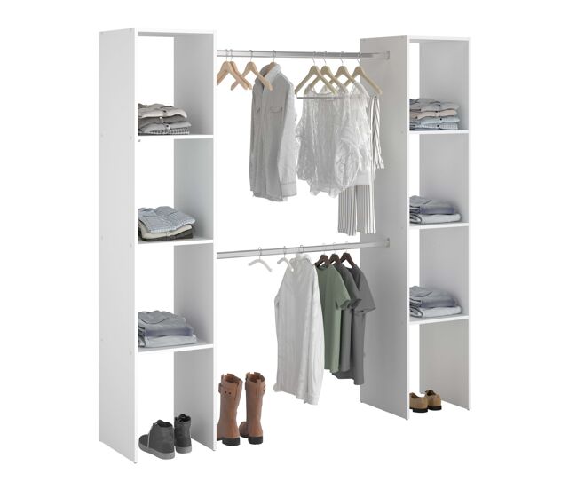 Vestidor modular abierto custom para dormitorio en color blanco incluye 2 modulo a con 6 estantes y 2 barra colgadora 176x180 cm
