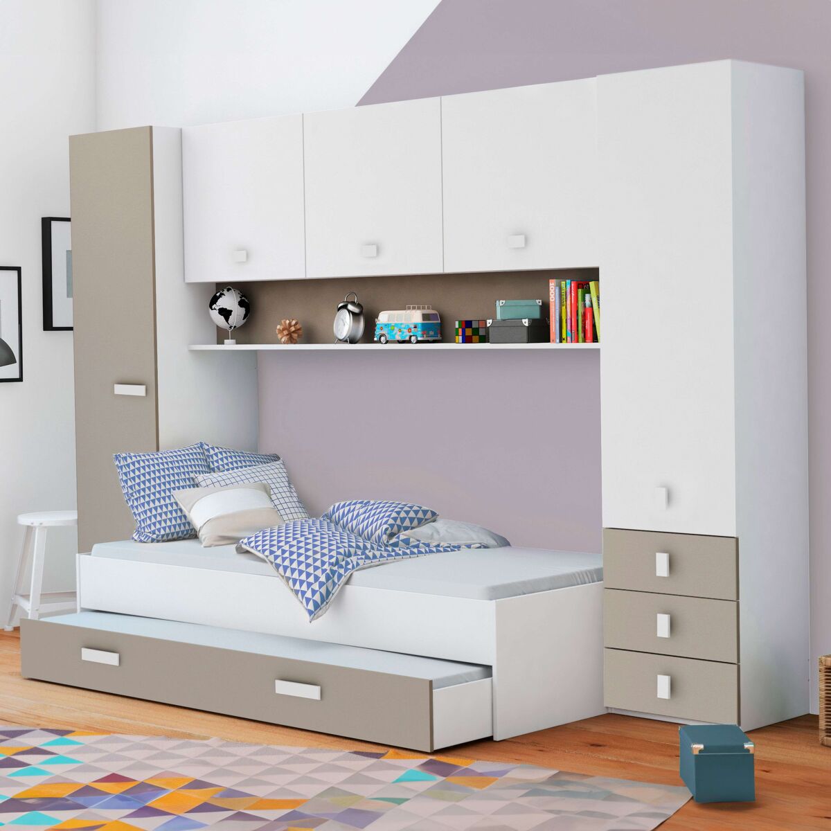 Cama nido tidy con cajón habitación infantil juvenil color blanco y arcilla dormitorio mueble 90x200 cm