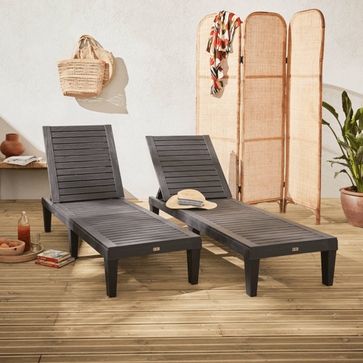 Espreguiçadeira de plástico multiposições, set de 2, Pia x2, Preto, 157x83.5x58 cm