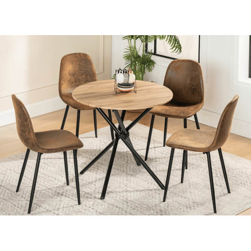 Mesa de jantar FONTANA KD 80 cm ESCURO + CHARLTON SUEDE BROWN S FRXZ estilo retro vintage com efeito de madeira e conjunto de 4 cadeiras