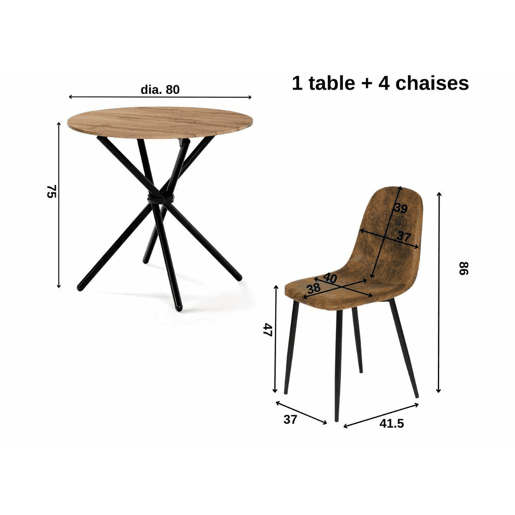 Mesa de jantar FONTANA KD 80 cm ESCURO + CHARLTON SUEDE BROWN S FRXZ estilo retro vintage com efeito de madeira e conjunto de 4 cadeiras