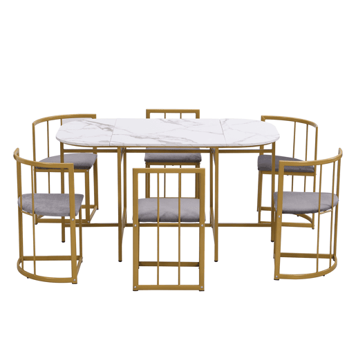Conjunto de mesa e 6 cadeiras - cadeiras com almofada de assento e encosto - dourado