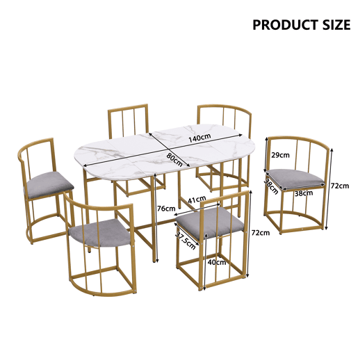 Conjunto de mesa e 6 cadeiras - cadeiras com almofada de assento e encosto - dourado
