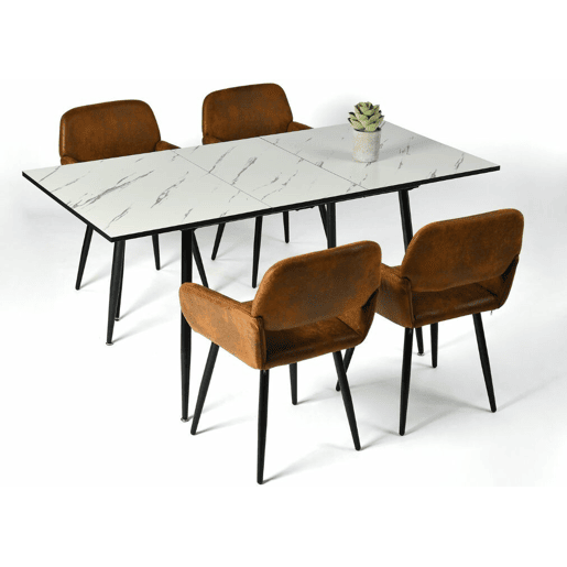 Mesa elástica em mármore branco WHALEN com perna preta + camurça castanha Mayfair*2
