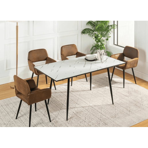 Mesa elástica em mármore branco WHALEN com perna preta + camurça castanha Mayfair*2