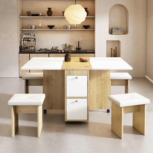 Conjunto de mesa de jantar com 4 cadeiras - mesa rebatível com 2 gavetas 140*80*75cm - em aglomerado de partículas - Branco e dourado