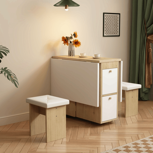 Conjunto de mesa de jantar com 4 cadeiras - mesa rebatível com 2 gavetas 140*80*75cm - em aglomerado de partículas - Branco e dourado