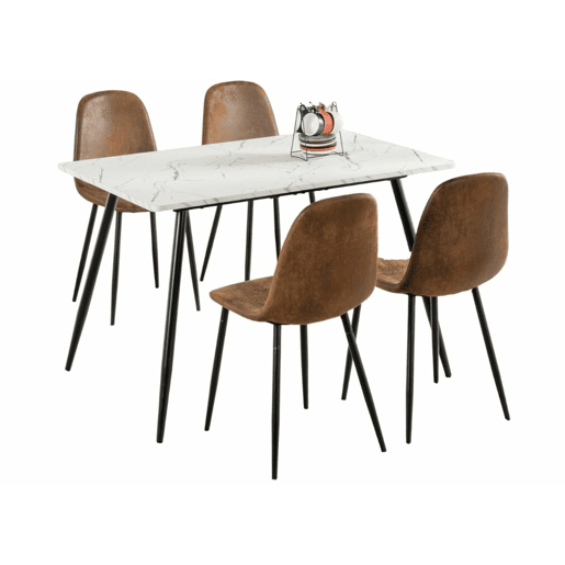 MESA DE MÁRMORE WHALEN WHALEN 120 KD + CHARLTON SUEDE BROWN Conjunto de mesa com efeito de mármore branco e 4 cadeiras escandinavas retro castanhas