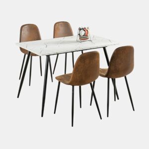 MESA DE MÁRMORE WHALEN WHALEN 120 KD + CHARLTON SUEDE BROWN Conjunto de mesa com efeito de mármore branco e 4 cadeiras escandinavas retro castanhas