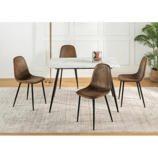 MESA DE MÁRMORE WHALEN WHALEN 120 KD + CHARLTON SUEDE BROWN Conjunto de mesa com efeito de mármore branco e 4 cadeiras escandinavas retro castanhas
