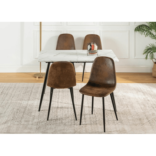 MESA DE MÁRMORE WHALEN WHALEN 120 KD + CHARLTON SUEDE BROWN Conjunto de mesa com efeito de mármore branco e 4 cadeiras escandinavas retro castanhas