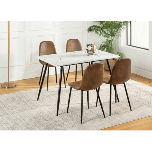 MESA DE MÁRMORE WHALEN WHALEN 120 KD + CHARLTON SUEDE BROWN Conjunto de mesa com efeito de mármore branco e 4 cadeiras escandinavas retro castanhas