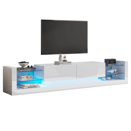 Móvel TV com LED - 2 compartimentos rebatíveis e prateleiras de vidro - Branco Móvel TV com LED - 2 compartimentos rebatíveis e prateleiras de vidro - Branco