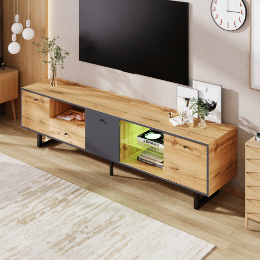 Armário TV com LED 190 cm - 6 ecrãs e 1 gaveta - Natural