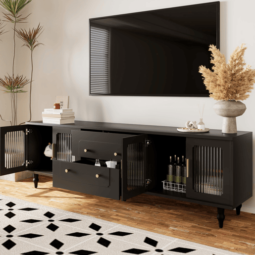 Móvel moderno para televisão - com portas de rotim e 2 gavetas - pés metálicos - Preto