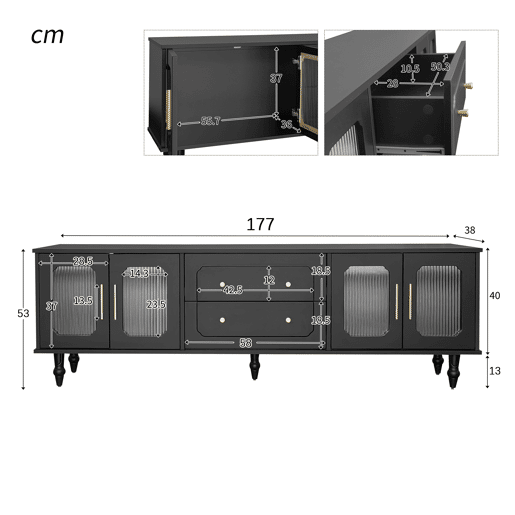 Móvel moderno para televisão - com portas de rotim e 2 gavetas - pés metálicos - Preto