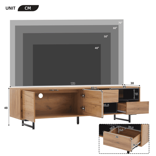 Armário para TV - com 2 gavetas 2 portas 2 compartimentos abertos - Natural