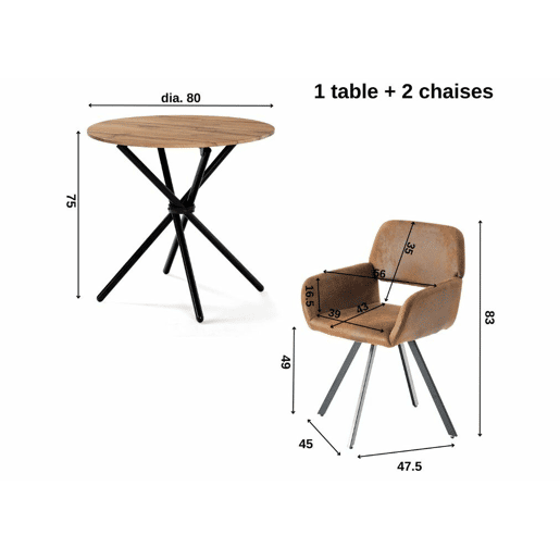 Conjunto de mesa de jantar FONTANA KD 80CM ESCURO + CALIFÓRNIA KD CAMURÇA GIRATÓRIA CASTANHO estilo industrial e 2 cadeiras