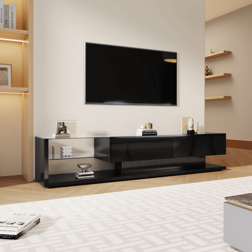 Suporte para TV 170cm com LED e ecrã de vidro - 2 gavetas - Preto