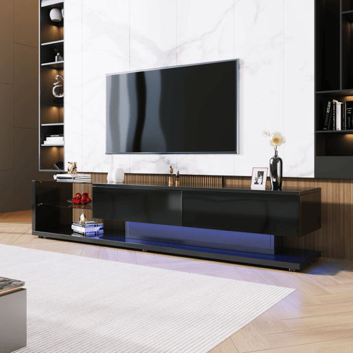 Suporte para TV 170cm com LED e ecrã de vidro - 2 gavetas - Preto