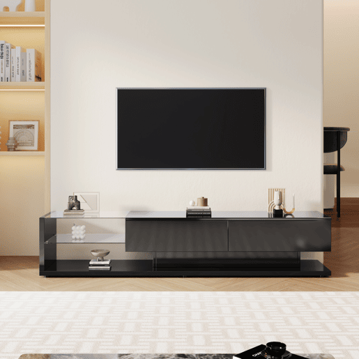 Suporte para TV 170cm com LED e ecrã de vidro - 2 gavetas - Preto