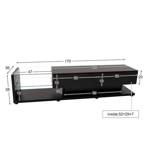 Suporte para TV 170cm com LED e ecrã de vidro - 2 gavetas - Preto
