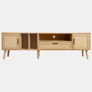 Suporte para TV 180cm decorado com rotim - 2 portas e 1 gaveta - pés de madeira maciça - Natural