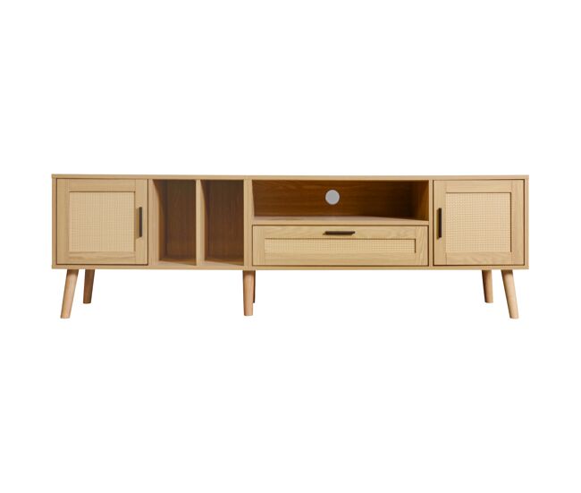 Mueble tv 180cm decorado con ratán - 2 puertas y 1 cajón - patas de madera maciza - natural