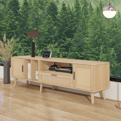 Suporte para TV 180cm decorado com rotim - 2 portas e 1 gaveta - pés de madeira maciça - Natural