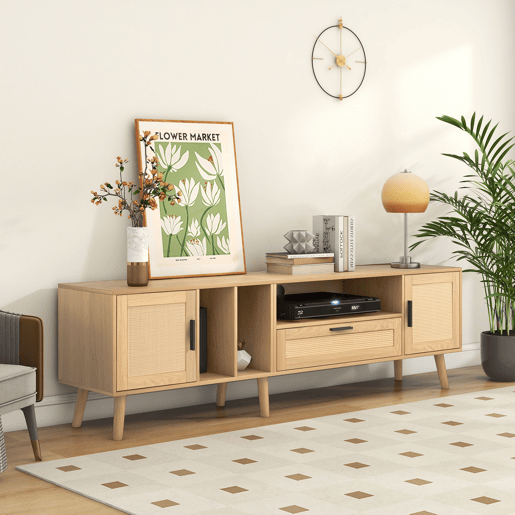 Suporte para TV 180cm decorado com rotim - 2 portas e 1 gaveta - pés de madeira maciça - Natural