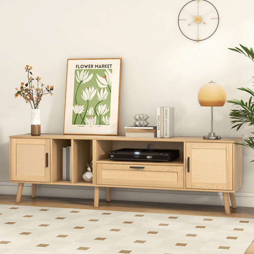 Suporte para TV 180cm decorado com rotim - 2 portas e 1 gaveta - pés de madeira maciça - Natural