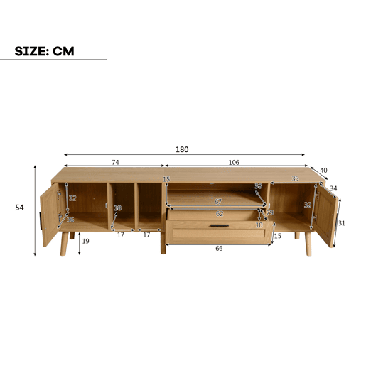 Suporte para TV 180cm decorado com rotim - 2 portas e 1 gaveta - pés de madeira maciça - Natural