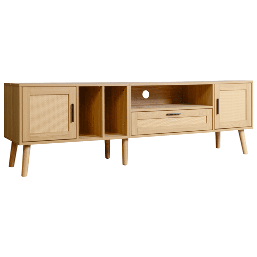 Suporte para TV 180cm decorado com rotim - 2 portas e 1 gaveta - pés de madeira maciça - Natural