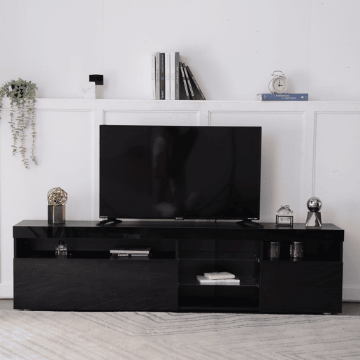 Móvel TV moderno de 180 cm com LED - 3 portas e 5 compartimentos abertos - Preto