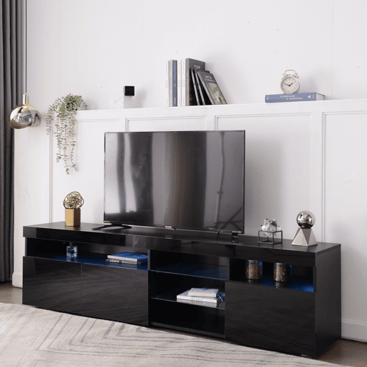 Móvel TV moderno de 180 cm com LED - 3 portas e 5 compartimentos abertos - Preto
