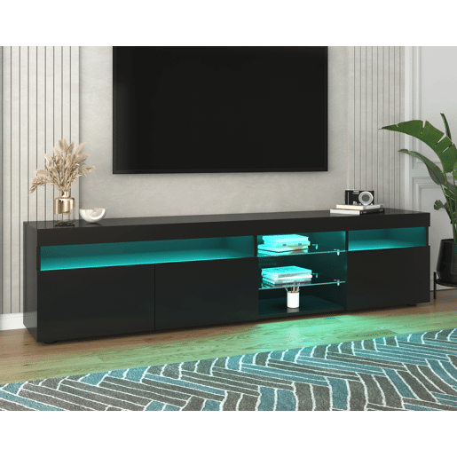Móvel TV moderno de 180 cm com LED - 3 portas e 5 compartimentos abertos - Preto