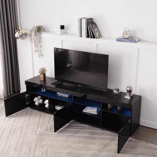 Móvel TV moderno de 180 cm com LED - 3 portas e 5 compartimentos abertos - Preto