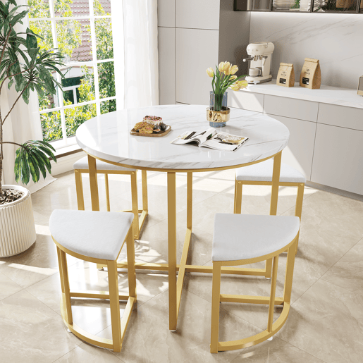 Mesa de jantar e 4 cadeiras - tampo em MDF, estrutura em ferro dourado e almofadas em veludo branco - Branco e dourado