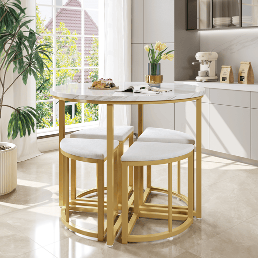Mesa de jantar e 4 cadeiras - tampo em MDF, estrutura em ferro dourado e almofadas em veludo branco - Branco e dourado