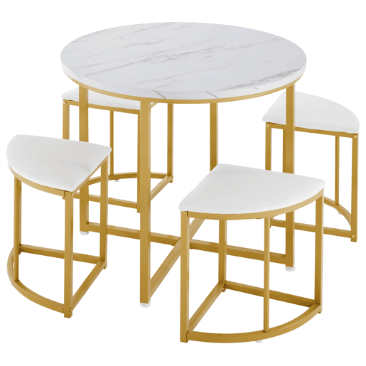 Mesa de jantar e 4 cadeiras - tampo em MDF, estrutura em ferro dourado e almofadas em veludo branco - Branco e dourado