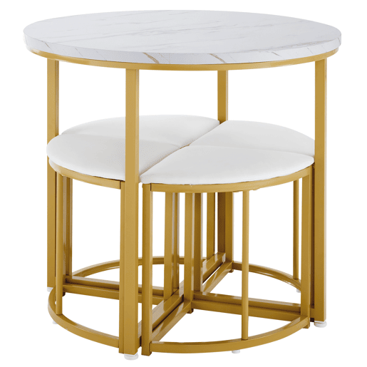 Mesa de jantar e 4 cadeiras - tampo em MDF, estrutura em ferro dourado e almofadas em veludo branco - Branco e dourado