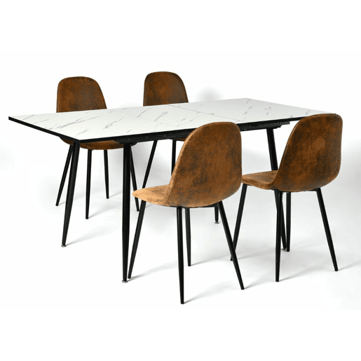 MESA ELÁSTICA WHALEN MÁRMORE BRANCO COM PÉ PRETO + CAMURÇA CHARLTON CASTANHO S FRXZ conjunto de mesa extensível com efeito mármore branco 120-160 e 4 cadeiras estilo escandinavo retro
