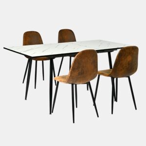 MESA ELÁSTICA WHALEN MÁRMORE BRANCO COM PÉ PRETO + CAMURÇA CHARLTON CASTANHO S FRXZ conjunto de mesa extensível com efeito mármore branco 120-160 e 4 cadeiras estilo escandinavo retro