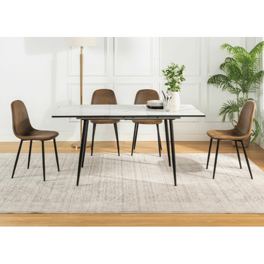 MESA ELÁSTICA WHALEN MÁRMORE BRANCO COM PÉ PRETO + CAMURÇA CHARLTON CASTANHO S FRXZ conjunto de mesa extensível com efeito mármore branco 120-160 e 4 cadeiras estilo escandinavo retro