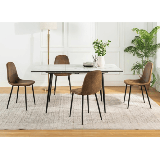 MESA ELÁSTICA WHALEN MÁRMORE BRANCO COM PÉ PRETO + CAMURÇA CHARLTON CASTANHO S FRXZ conjunto de mesa extensível com efeito mármore branco 120-160 e 4 cadeiras estilo escandinavo retro