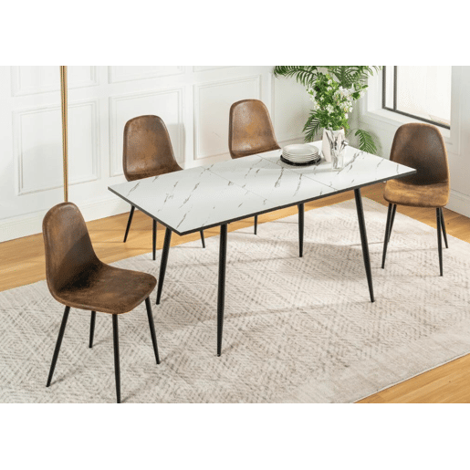 MESA ELÁSTICA WHALEN MÁRMORE BRANCO COM PÉ PRETO + CAMURÇA CHARLTON CASTANHO S FRXZ conjunto de mesa extensível com efeito mármore branco 120-160 e 4 cadeiras estilo escandinavo retro