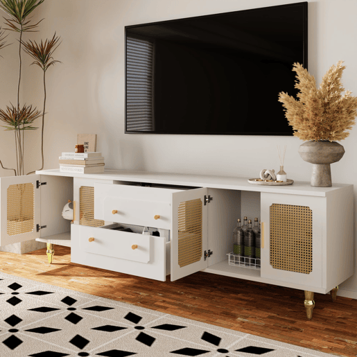 Móvel moderno para televisão - com portas de rotim e 2 gavetas - pés metálicos - Branco