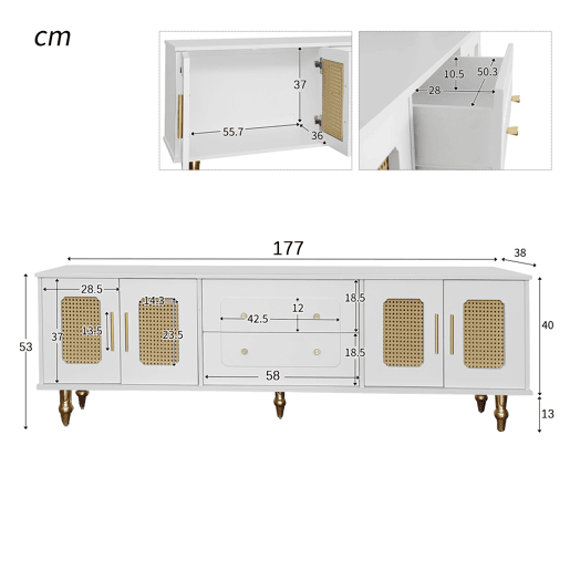 Móvel moderno para televisão - com portas de rotim e 2 gavetas - pés metálicos - Branco