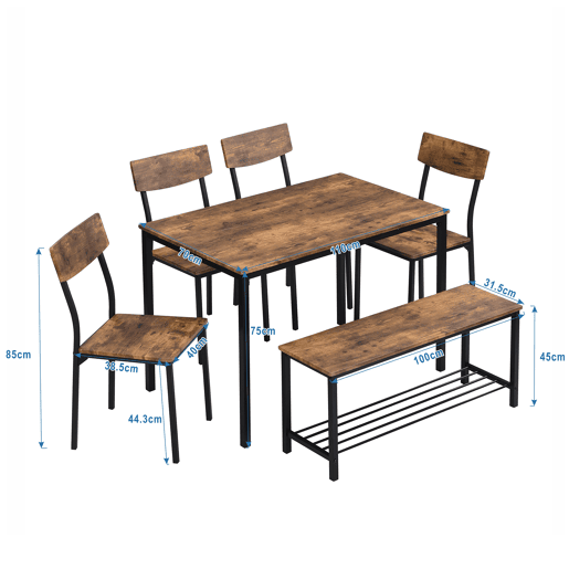 Conjunto Mesa e 4 Cadeiras 1 Banco - 6 lugares - estrutura em aço - estilo industrial - Castanho