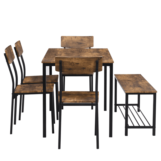 Conjunto Mesa e 4 Cadeiras 1 Banco - 6 lugares - estrutura em aço - estilo industrial - Castanho